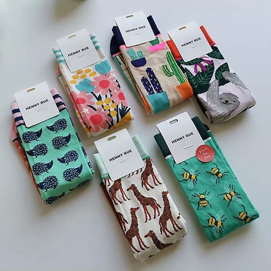 Fashion Colorful Spring Autumn Stocking  Women's Socks  Plant Hedgehog Slothsi Cotton Socks Personality Straight Trendy Socks