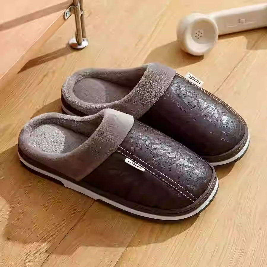 Pantuflas de interior de cuero PU, tallas grandes, impermeables, con pelo, planas