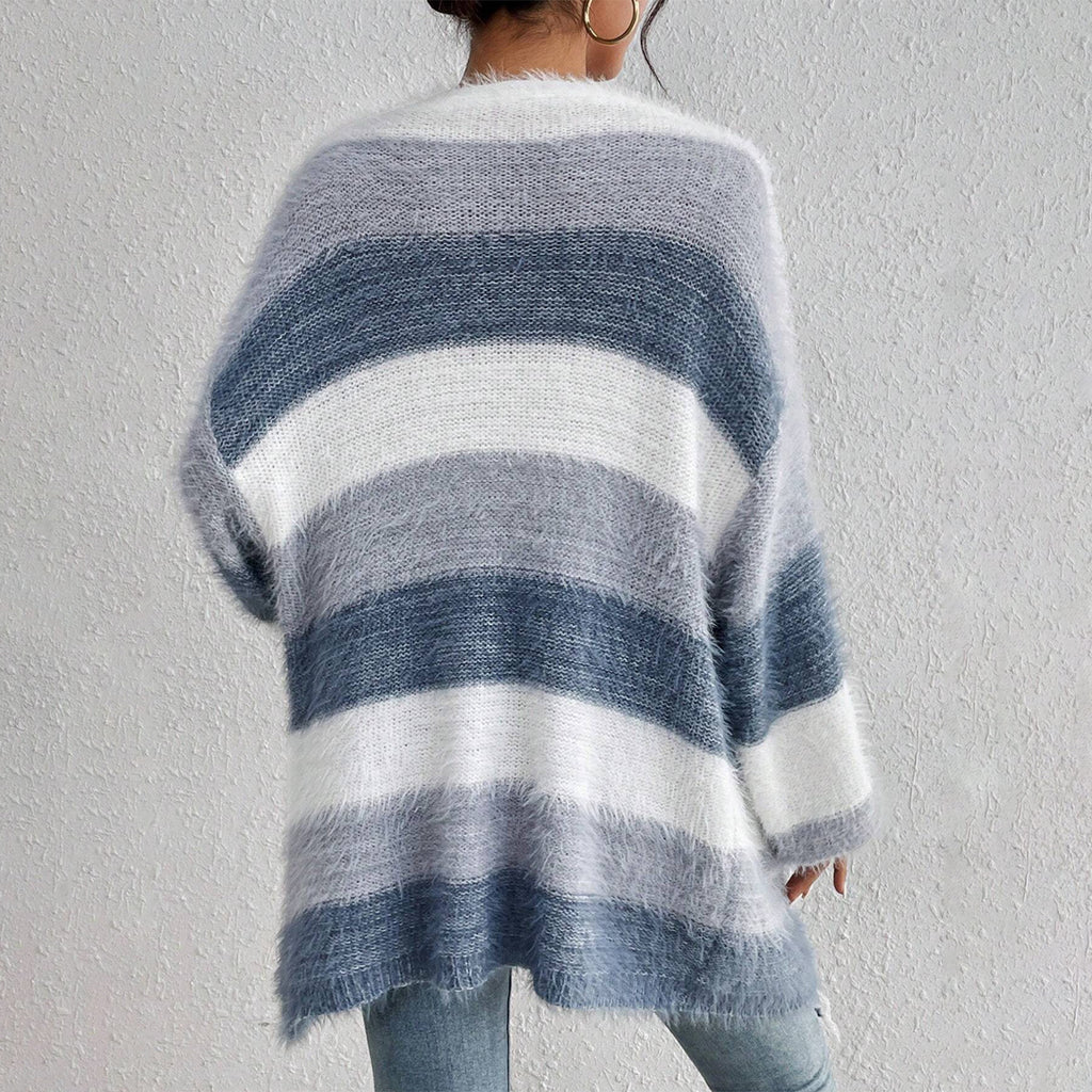 Damen-Strickmantel aus Plüsch mit Streifenmuster und Farbblockmuster