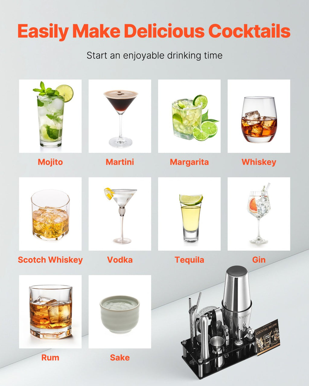 Set shaker cocktail, 14 pièces en acier inoxydable avec support acrylique, accessoires de barman Boston | cuillère mélange, pilon, doseurs, passoire, verseur, pince à glace, tire-bouchon, argenté