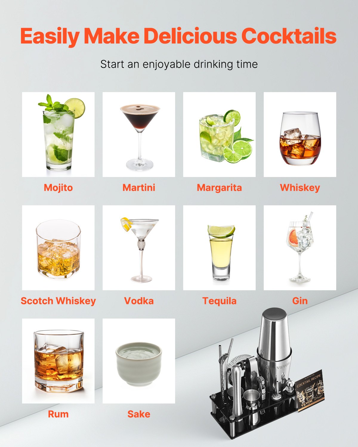 Cocktail Shaker Set, 14-Piece Stainless Steel Bar Tools With Acrylic Stand, Boston Bartender Kit Accessories | Mixer Spoon, Muddler, Jiggers, Strainer, Liquor Pourer, Ice Tong, Corkscrew, Silver