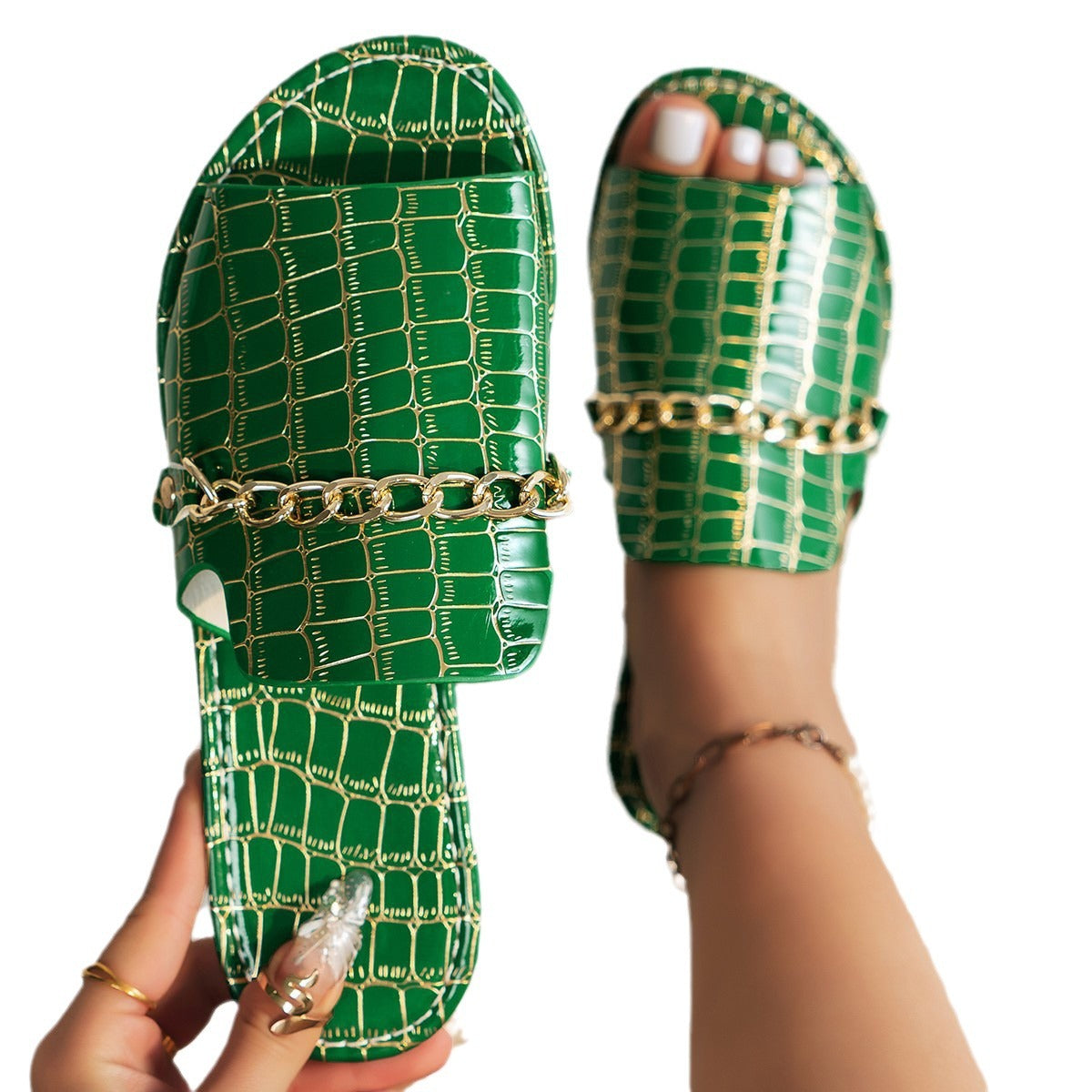 Chanclas planas de playa elegantes con cadena, talla grande