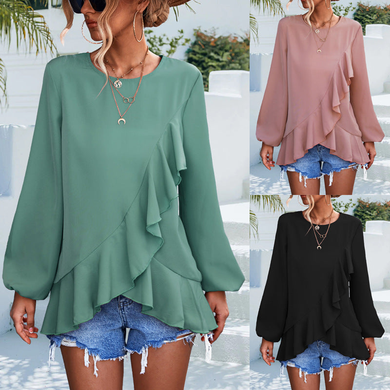 Yksivärinen Röyhelöllä Somistettu Lyhtyhiha Epäsäännöllinen Toppi