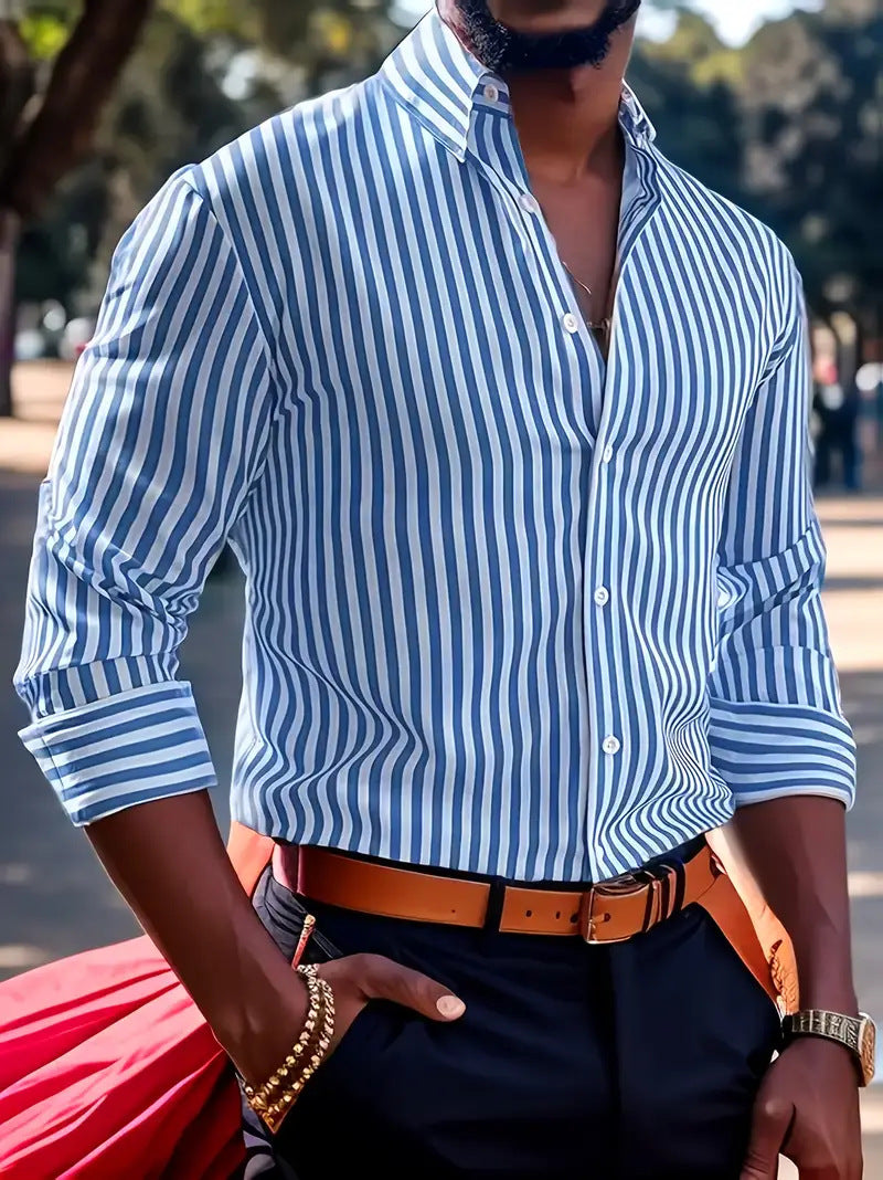 Camisa de manga larga estampada Ins para hombre, moda casual, con solapa y botones, prenda superior