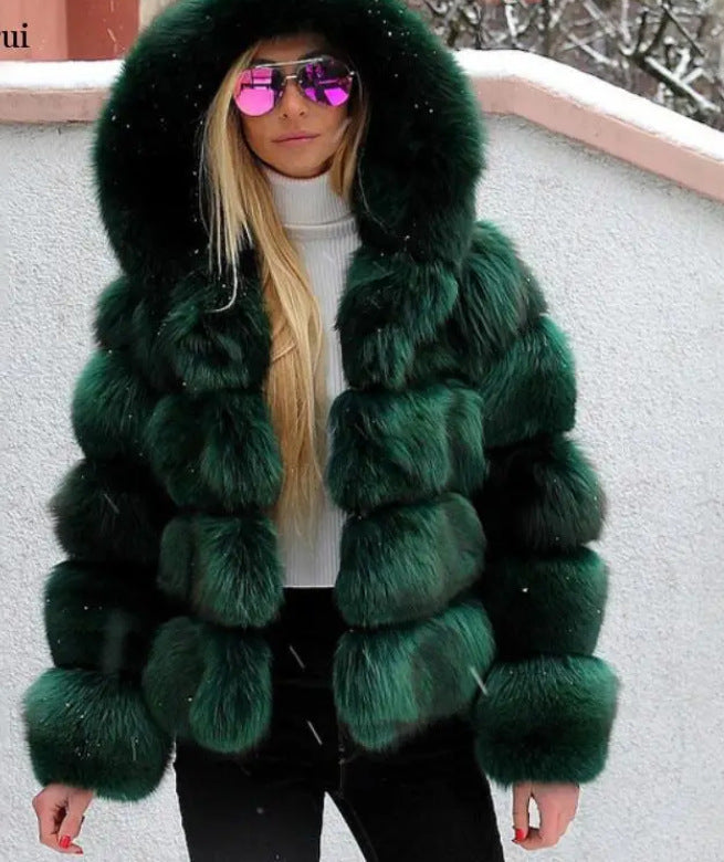 Women's Minimalist Hooded Patchwork Fur Grass Jacket