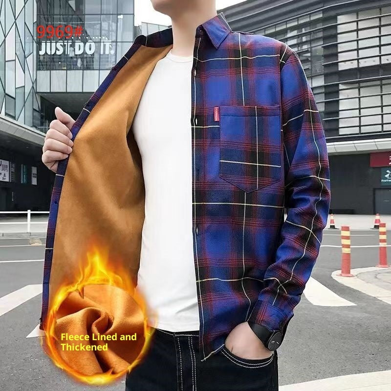 Camisa de manga larga para hombre de cuadros, engrosada y forrada de fleece para invierno