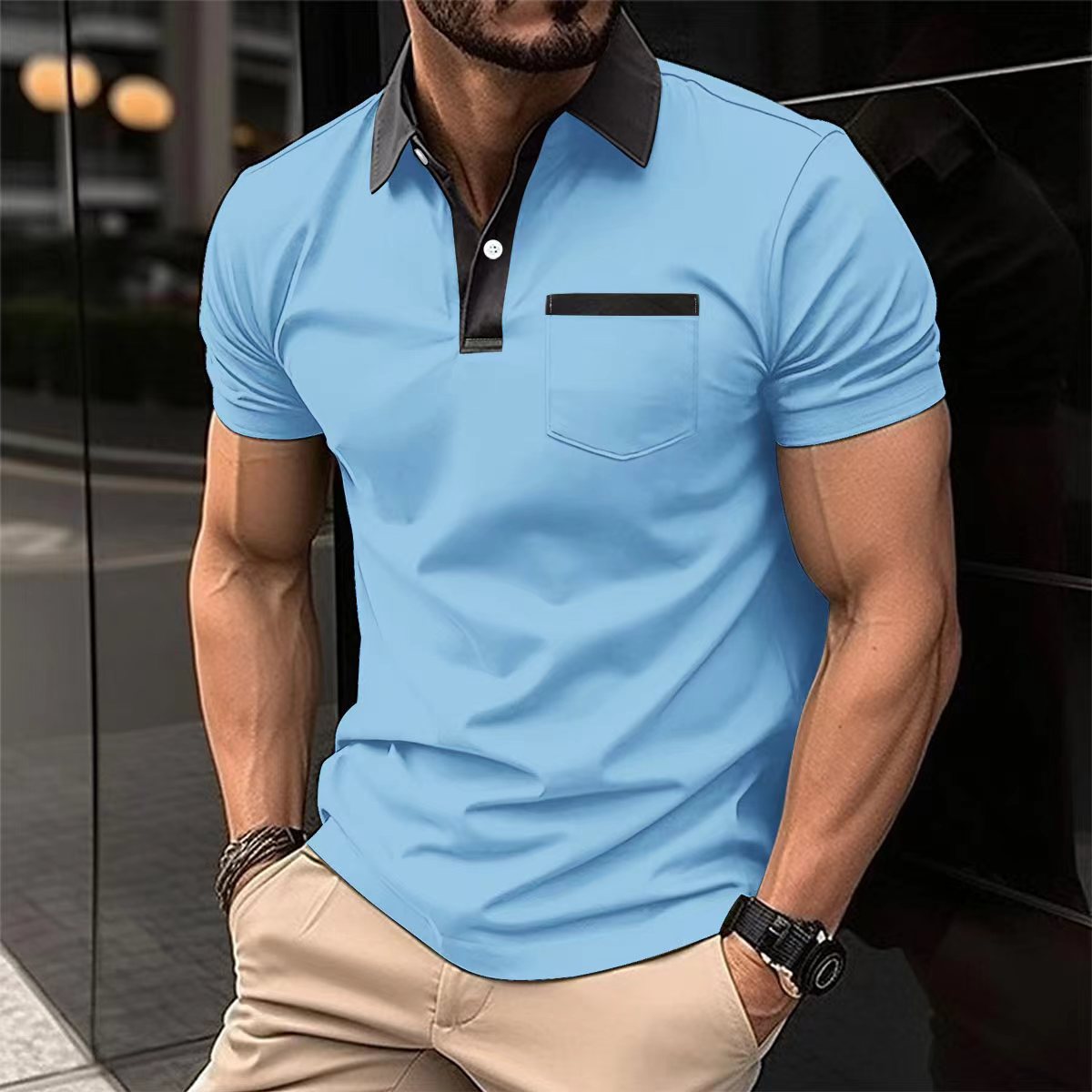 Camiseta polo de manga corta para hombre, ajuste slim, con bolsillo y cuello solapa