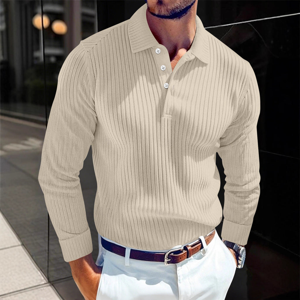 Men's T-Shirt with Turn-Down Collar, Buttoned Long-Sleeve Polo Shirt