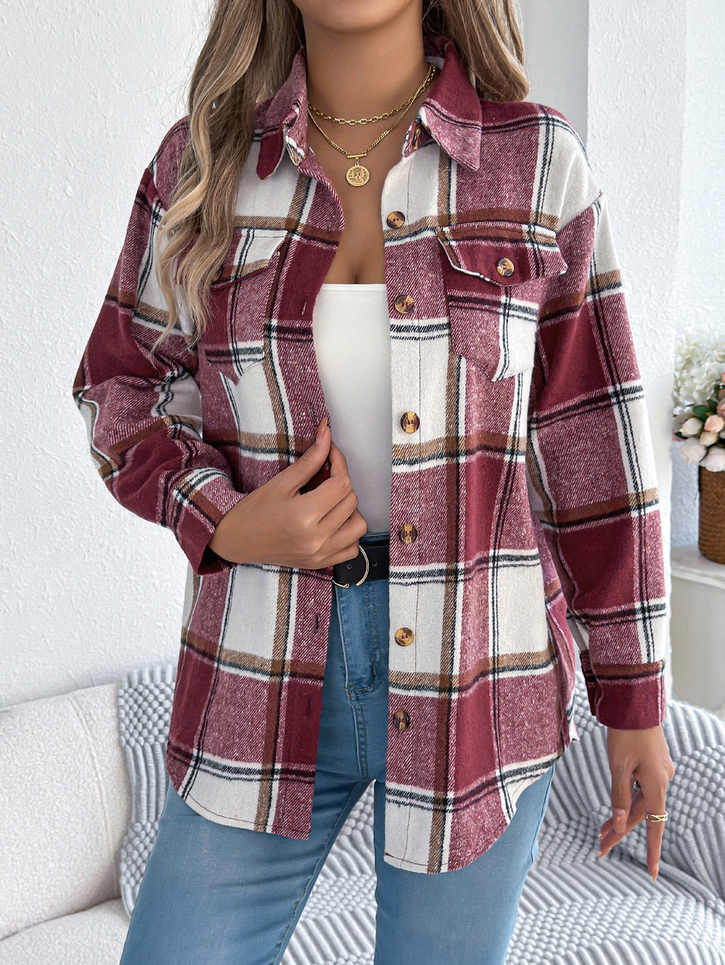 Abrigo de tweed de longitud media para mujer, informal, de cuadros, con bolsillos falsos y manga larga