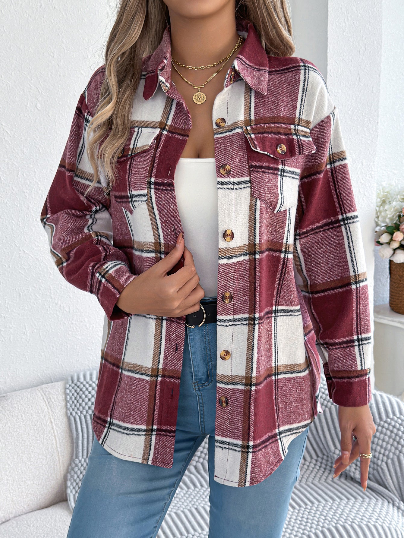 Abrigo de tweed de longitud media para mujer, informal, de cuadros, con bolsillos falsos y manga larga