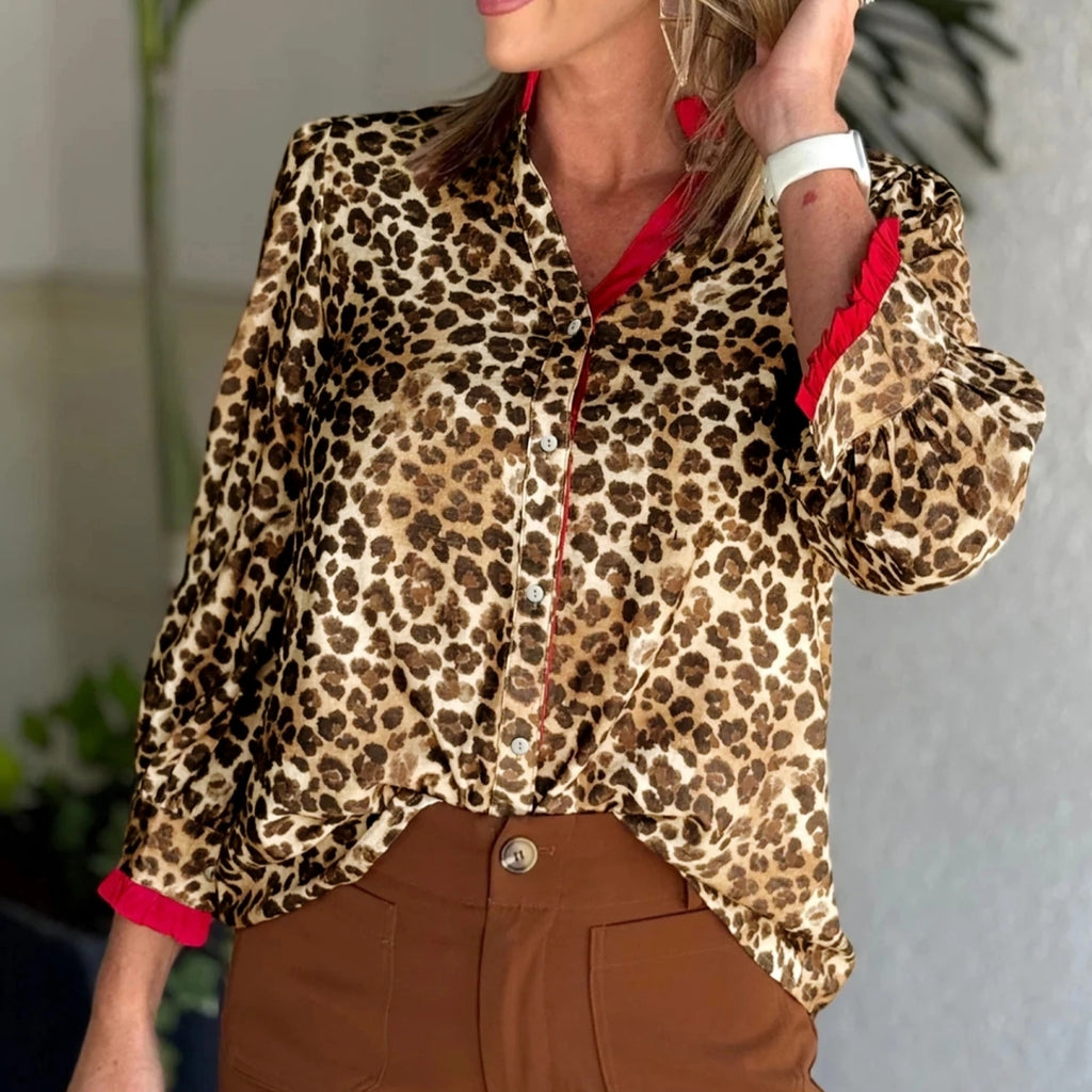 Top de manga larga con estampado de leopardo, casual y versátil para mujer
