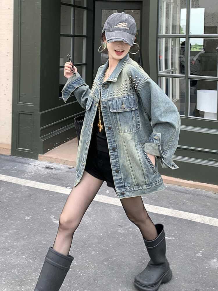 American Vintage Heavy-duty Rivet Denim Jacket For Women, Spring And Autumn