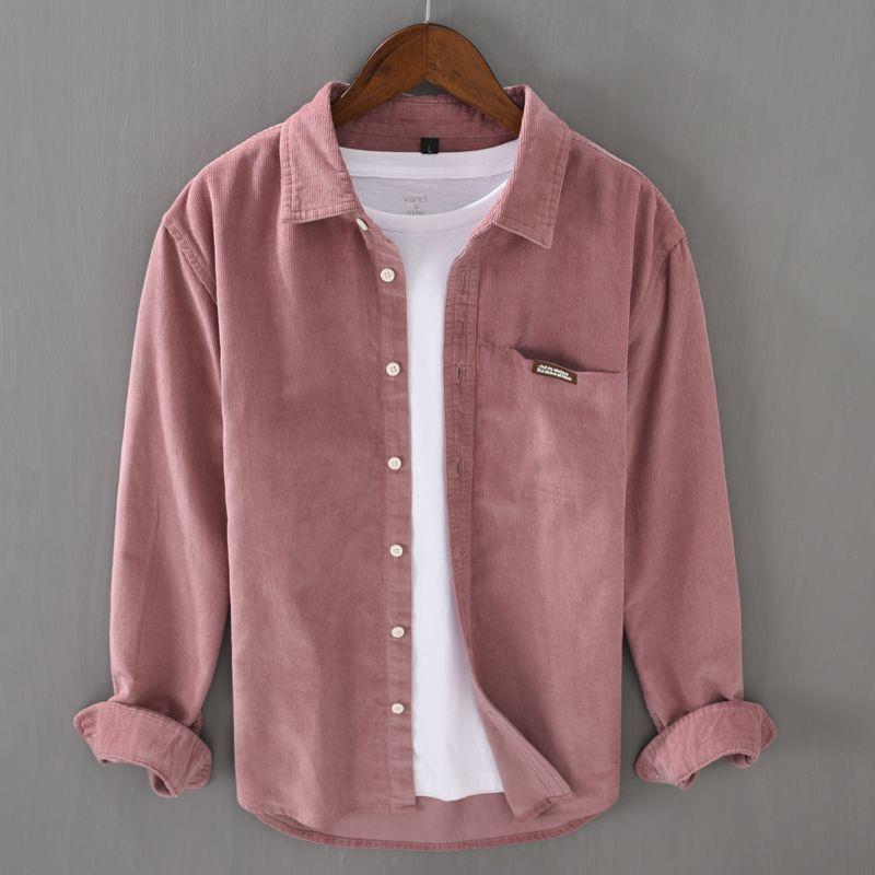 Camisa masculina de veludo cotelê lisa, manga longa, estilo japonês, para primavera e outono