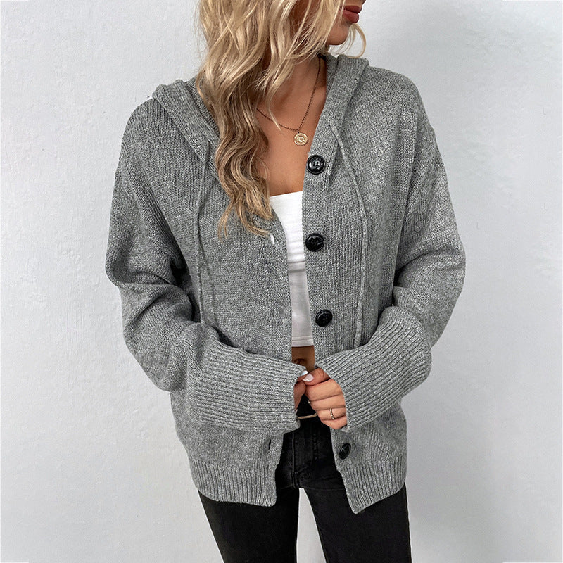 Jersey de punto liso para mujer con botones delanteros, capucha y cordón