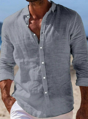 Camisa informal de algodón y lino de color liso para hombre