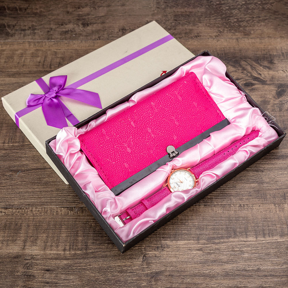Elegant damset med kvartsarmbandsur och plånbok i presentbox