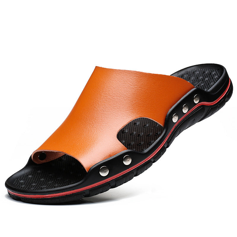 Chinelos Masculinos Verão Couro Palavras Casuais Sandálias Tendência Antiderrapante Couro Novas Sandálias Externas Tamanhos Grandes Sapatos de Praia