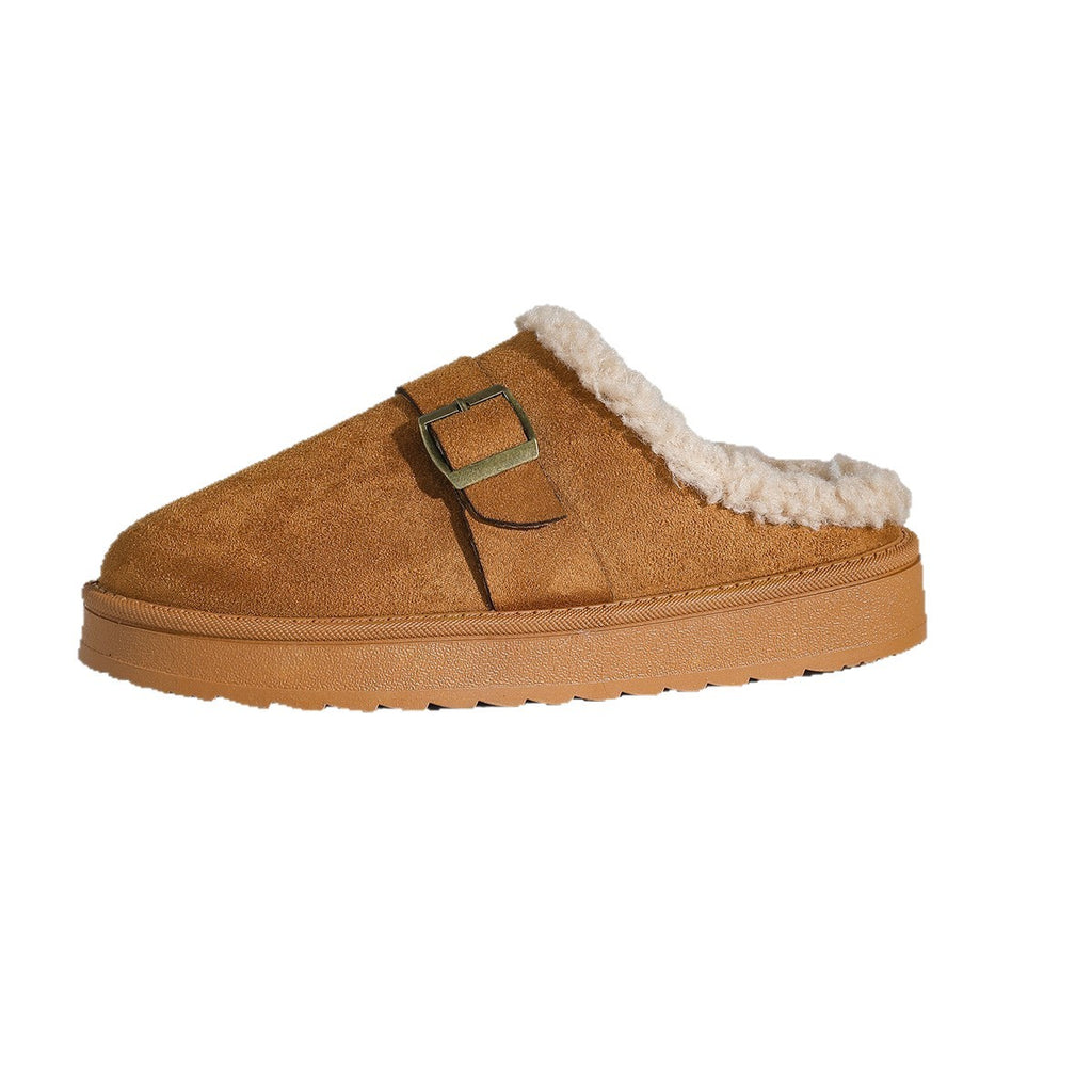Fivela de Cinto com Sola Grossa Chinelo Feminino de Algodão forrado com Lã, Bico Fechado
