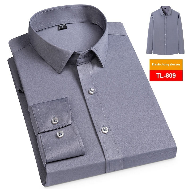 Camisa elástica informal de negocios para hombre, manga larga, lisa, sin bolsillo, de primavera
