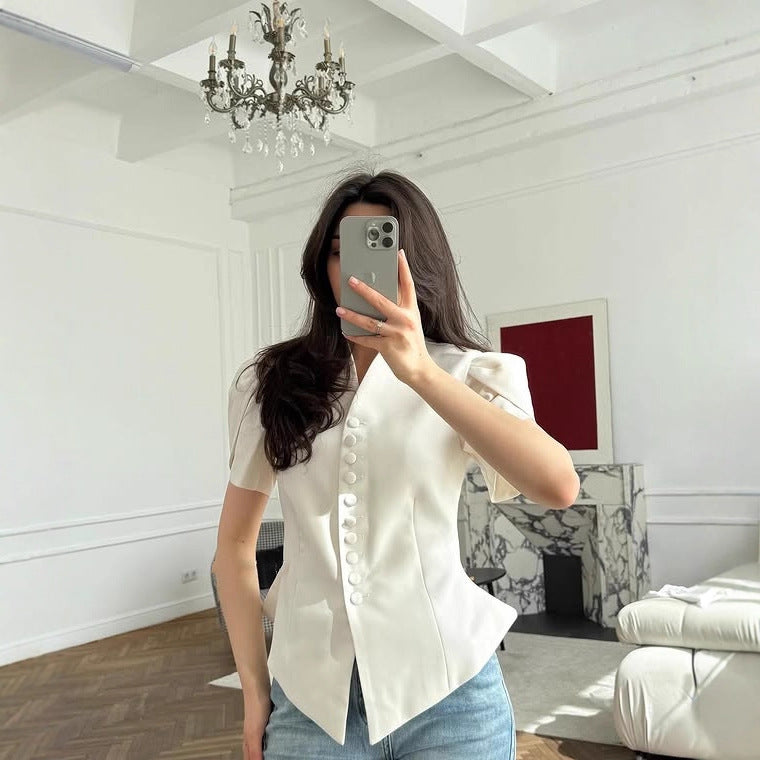 Blazer de moda femenina, elegante, con mangas abullonadas, cintura ceñida y corte entallado, estilo INS europeo y americano