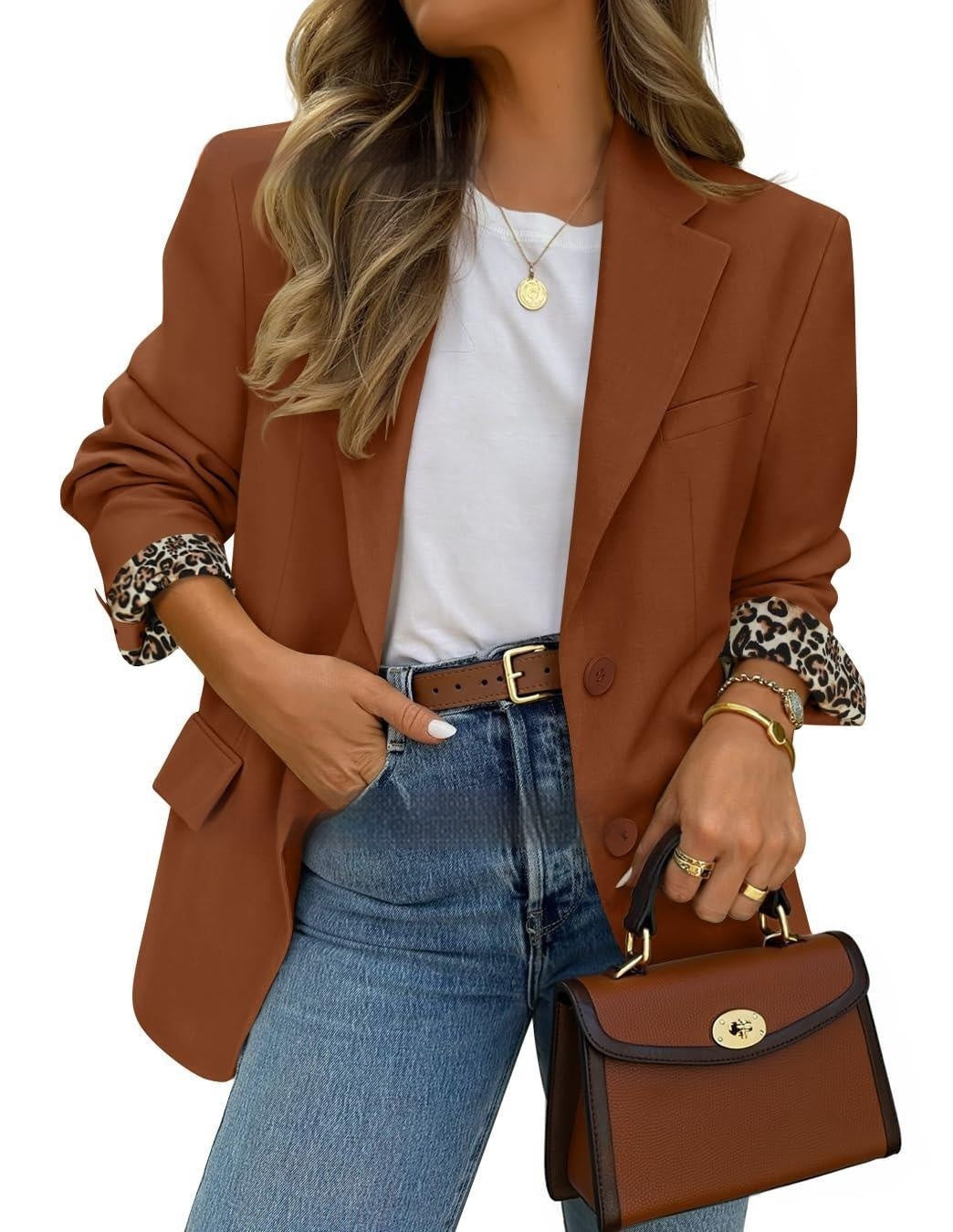 Chaqueta de moda para mujer de color liso con puños, solapas de estampado de leopardo en contraste