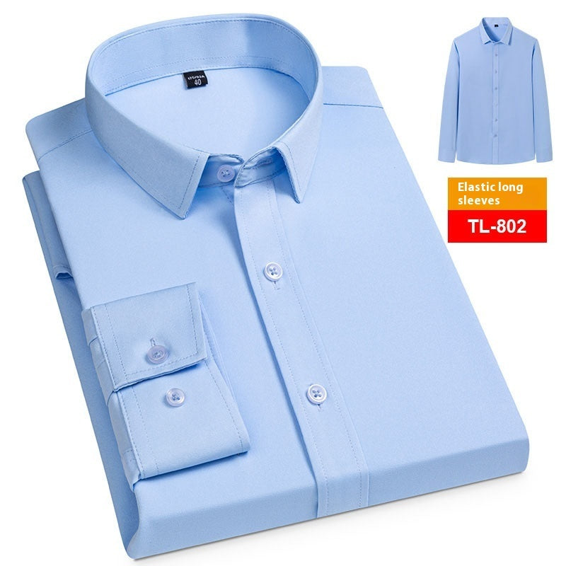 Camisa elástica informal de negocios para hombre, manga larga, lisa, sin bolsillo, de primavera