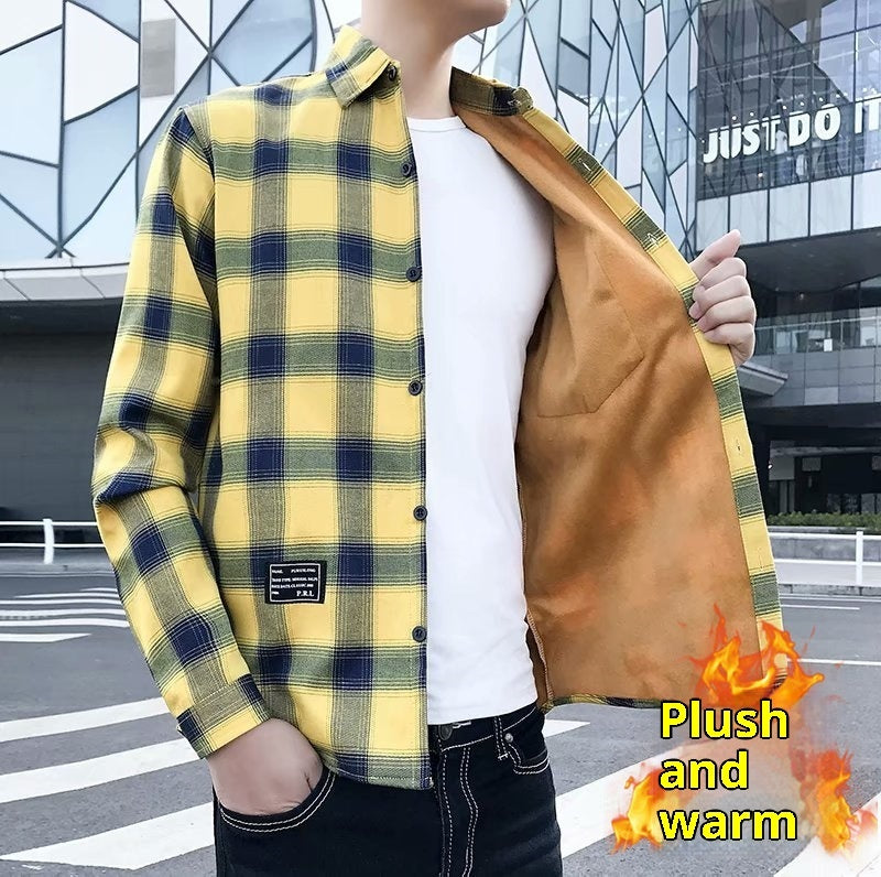 Camisa de manga larga para hombre de cuadros, engrosada y forrada de fleece para invierno