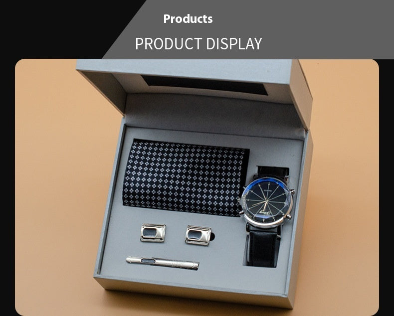 Presentset med klocka, slips, slipsnål och manschettknappar – affärsmässig och stilren design