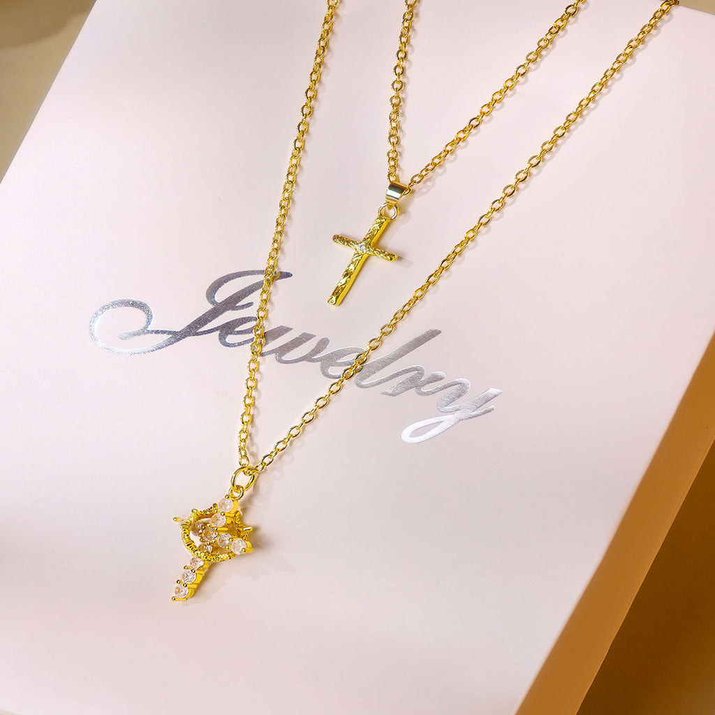 Double Layered Letter Square Cross Melon Seed Buckle Necklace