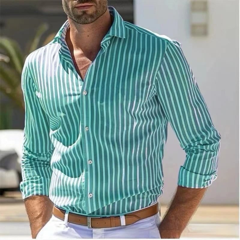 Camisa slim de rayas de manga larga para hombre, moda juvenil