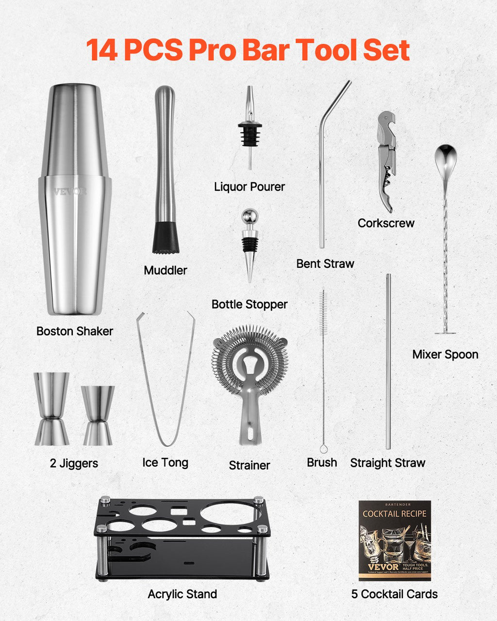 Set shaker cocktail, 14 pièces en acier inoxydable avec support acrylique, accessoires de barman Boston | cuillère mélange, pilon, doseurs, passoire, verseur, pince à glace, tire-bouchon, argenté