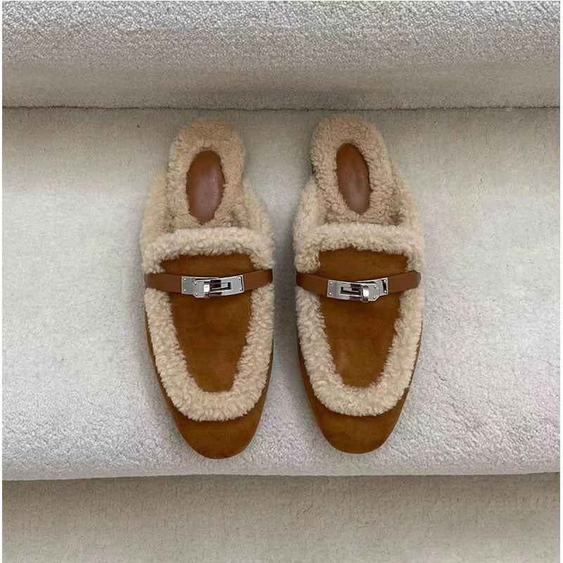 Baotou Mules femme à bout fermé, semelle plate et boucle