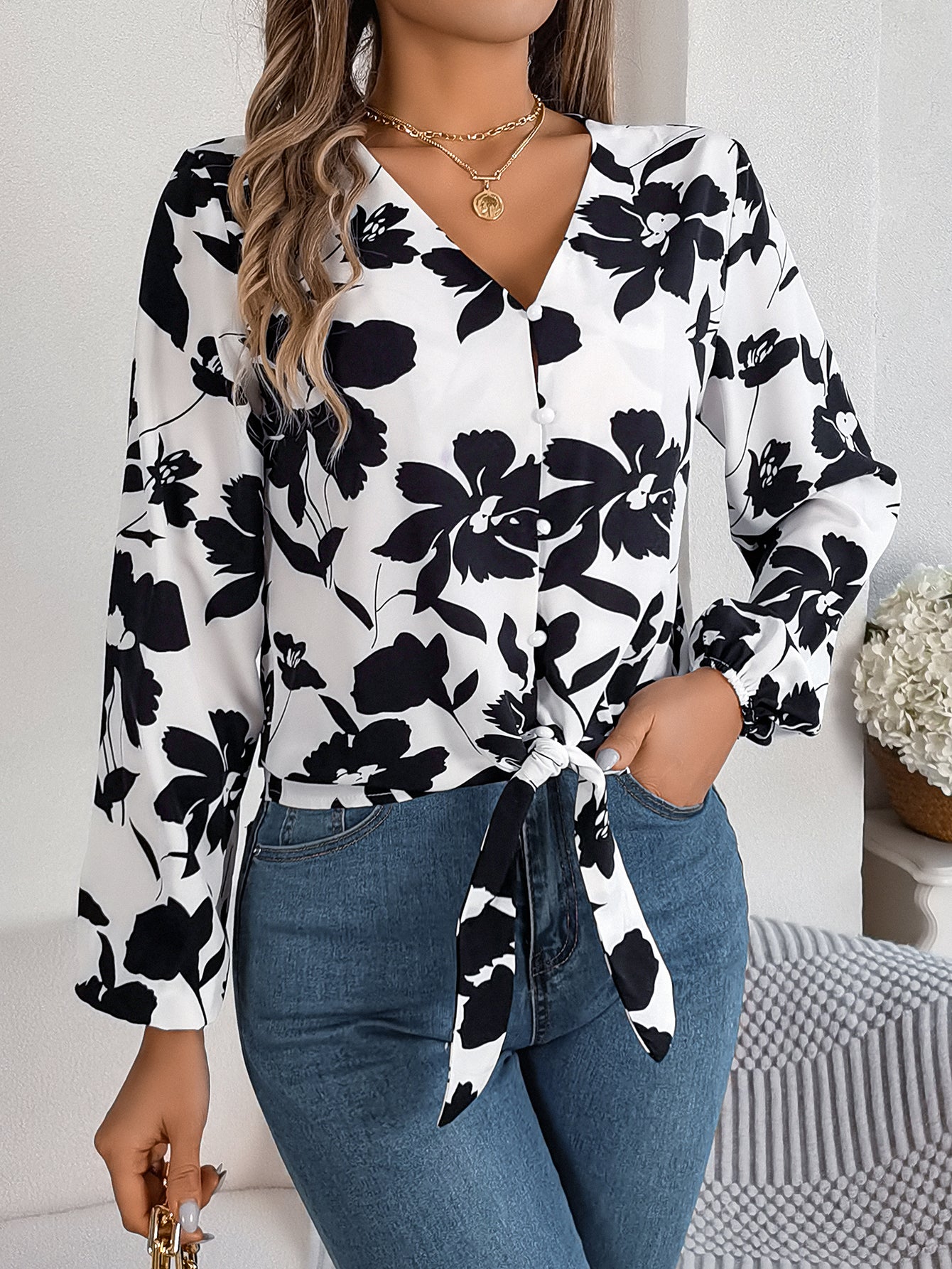 Top de gasa para mujer con estampado floral, mangas farol, bloques de color y cintura ajustable con lazo