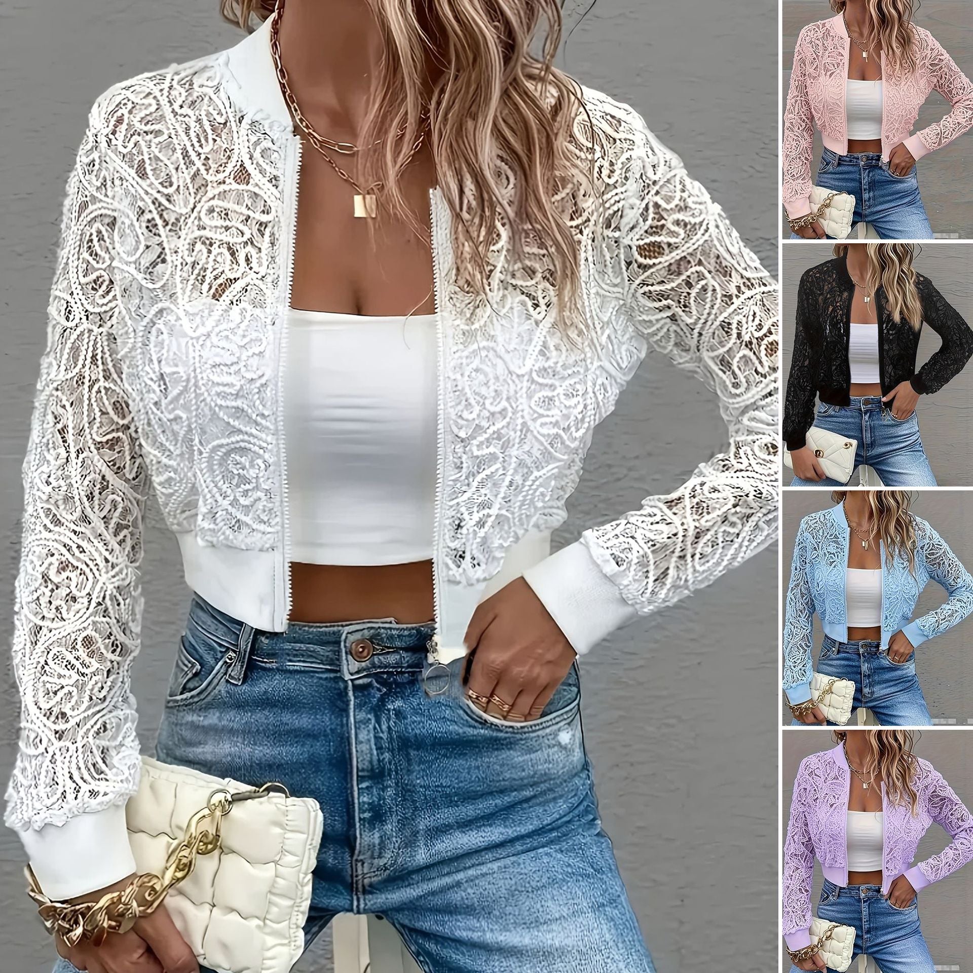 Chaqueta corta de encaje de color liso para mujer con cremallera