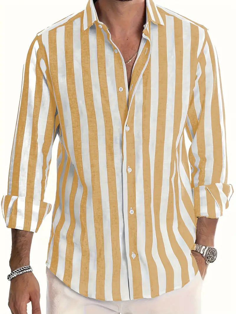 Camisa casual holgada de manga larga a rayas teñida en hilo para hombre