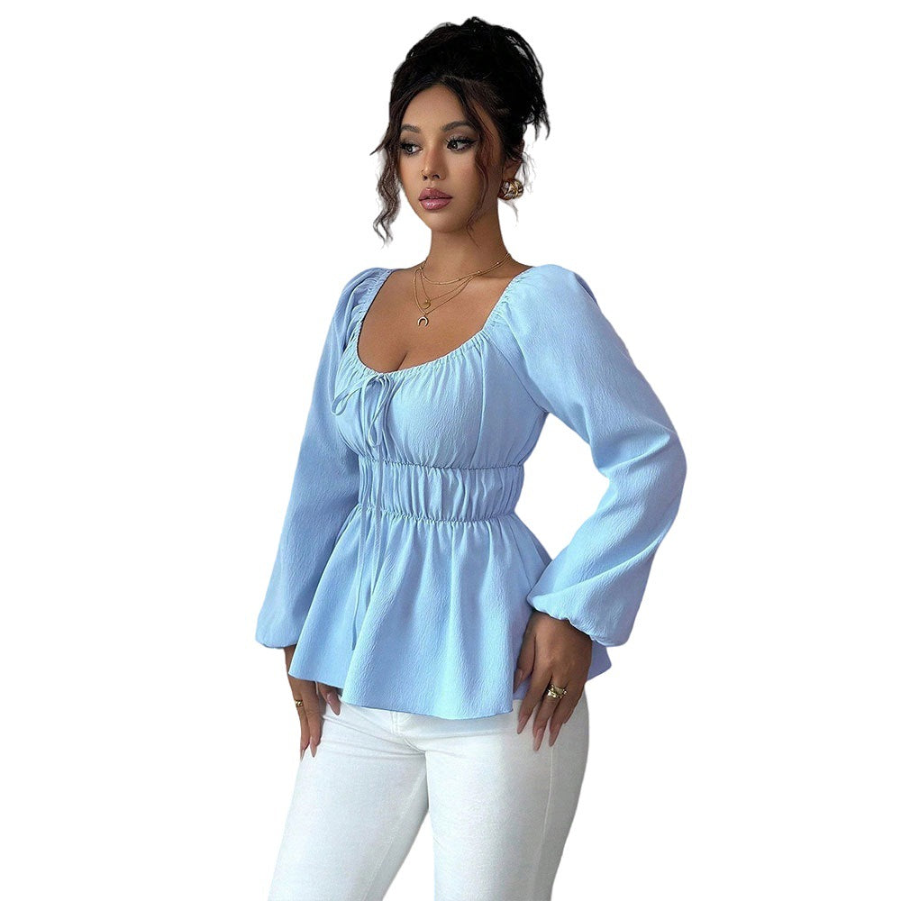 Nauhakujallinen Slim-fit Lyhyt Pitkähihainen Pusero Rypytetyllä Helmalla Naisille