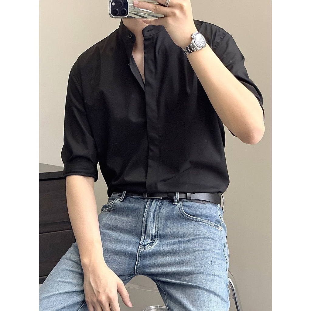 Camisa china de hombre de verano, cuello mao, media manga