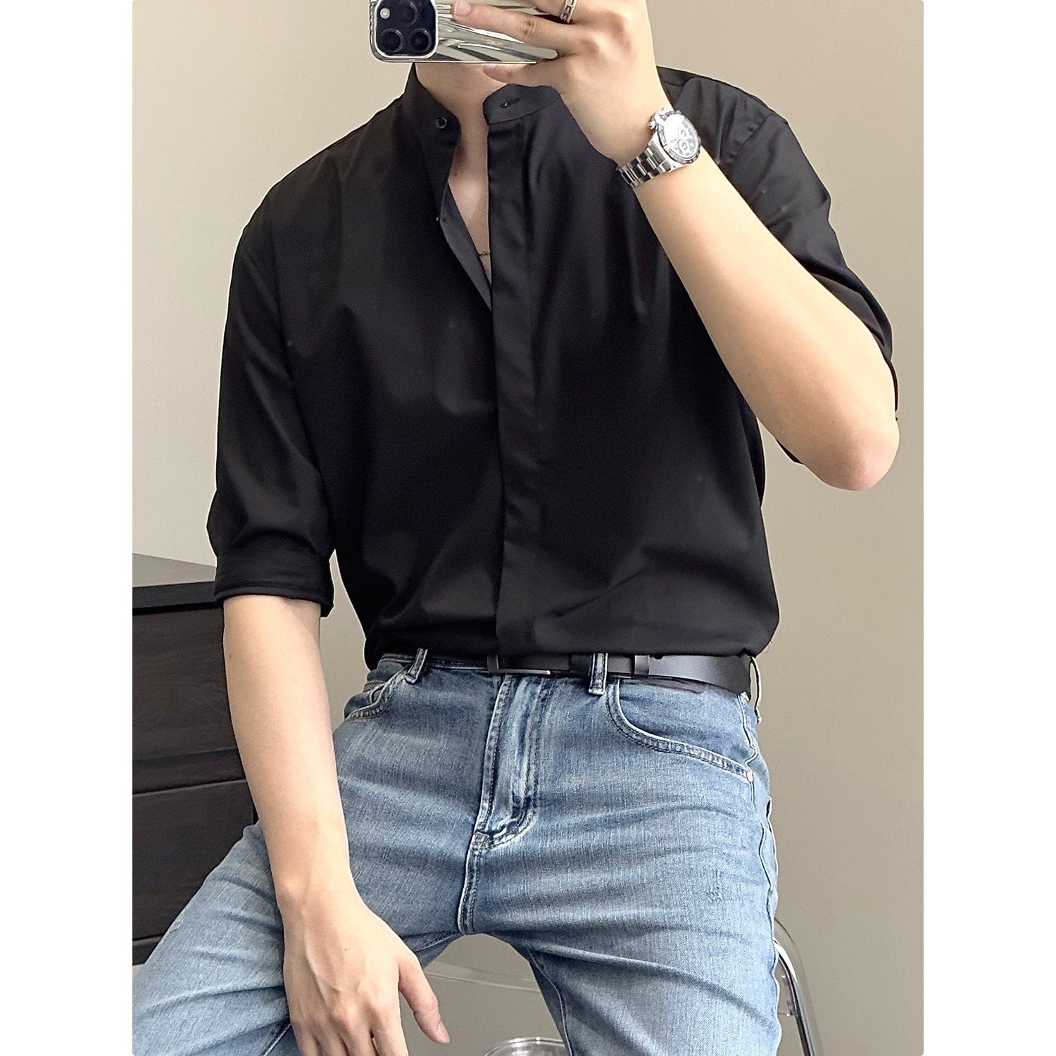 Chinese Men's Shirt Summer Stand Collar Shirt Half Sleeve Shirt Men