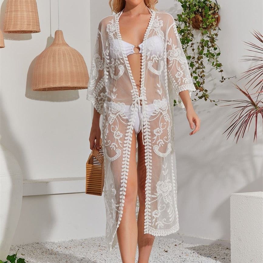 Beach Sun Protection Cover-up Lace Cardigan Embroidered Open-front Beach Cover-up