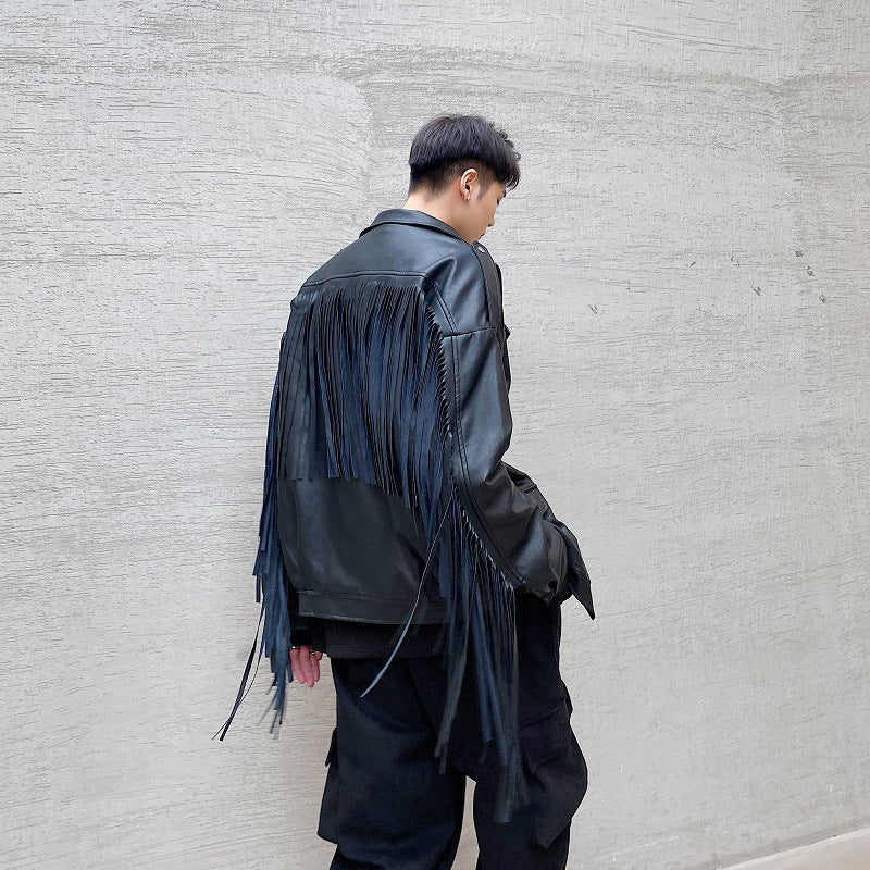 Hair Stylist Autumn And Winter Leather Jacket Tassel Niche Motorcycle Jacket Plus Cotton Men'S Leather Jacket