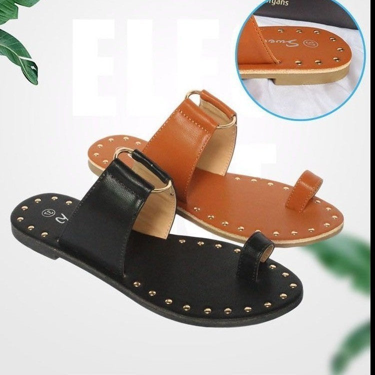 Nuevas sandalias planas para mujer de verano, estilo toe, con remaches, para exteriores, talla grande 43