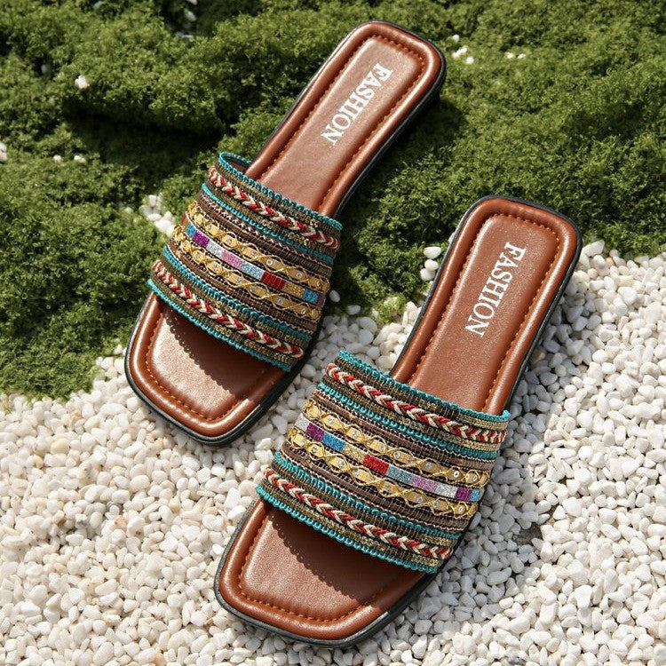 Chinelo slip-on peep-toe estilo boêmio respirável