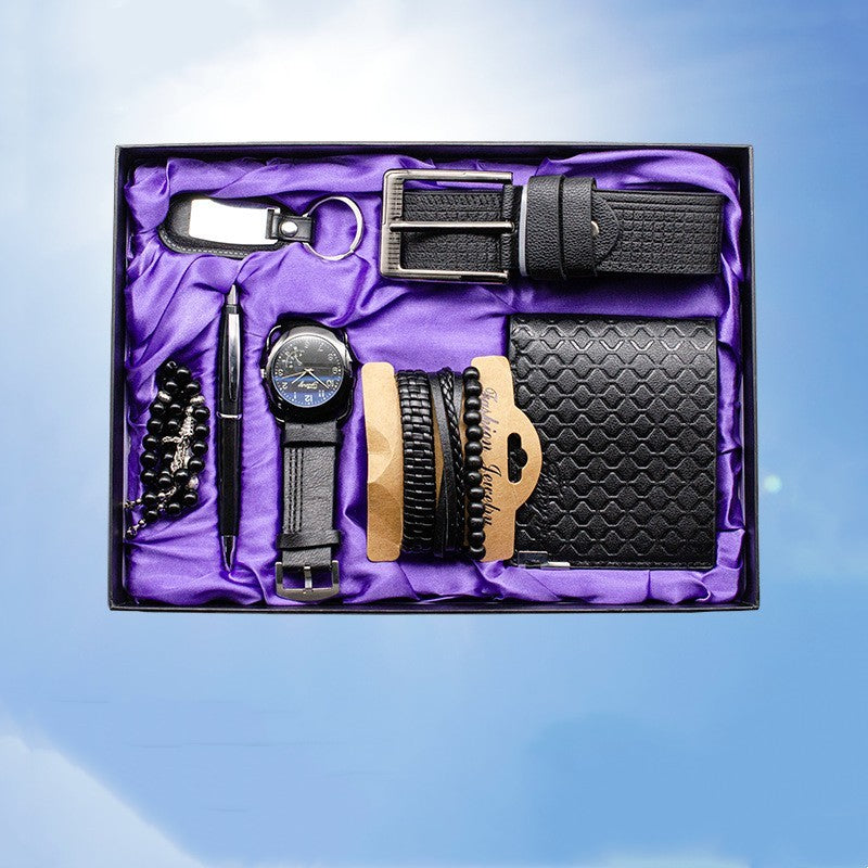 Sju-delat herrset med klocka, plånbok, bälte och accessoarer – komplett presentpaket
