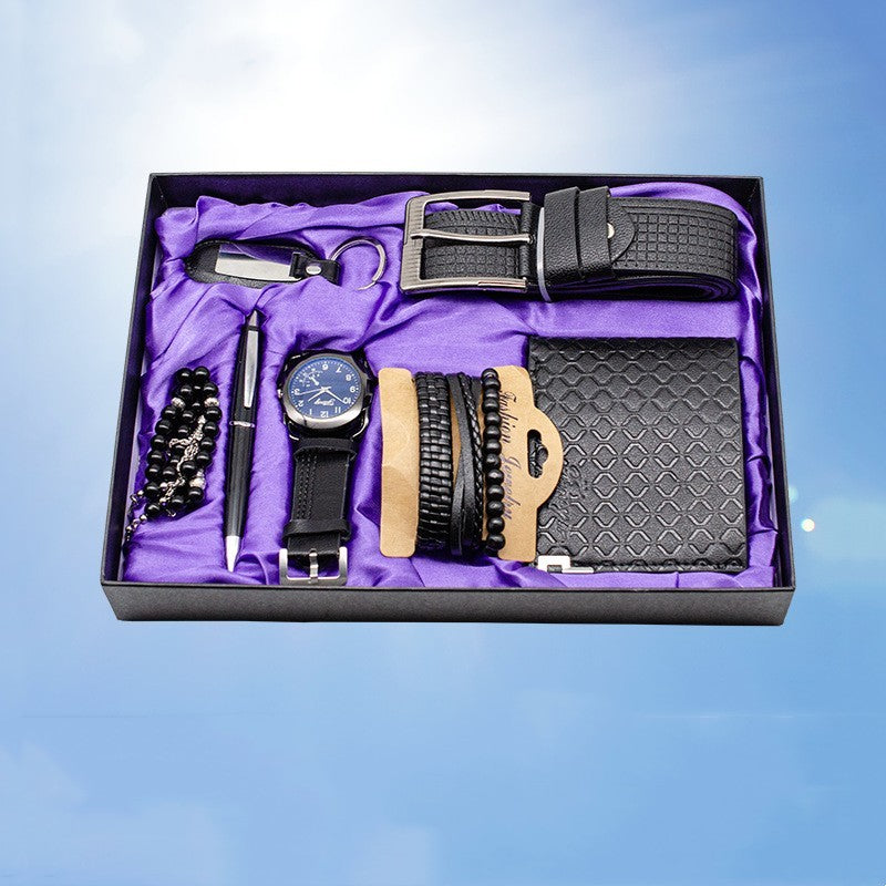 Sju-delat herrset med klocka, plånbok, bälte och accessoarer – komplett presentpaket