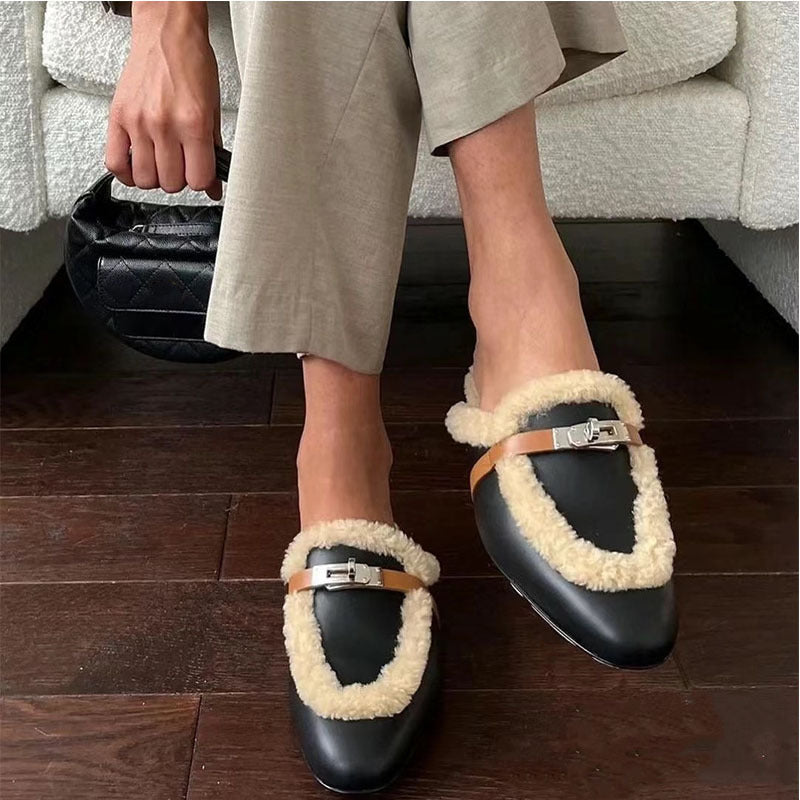 Baotou Mules femme à bout fermé, semelle plate et boucle