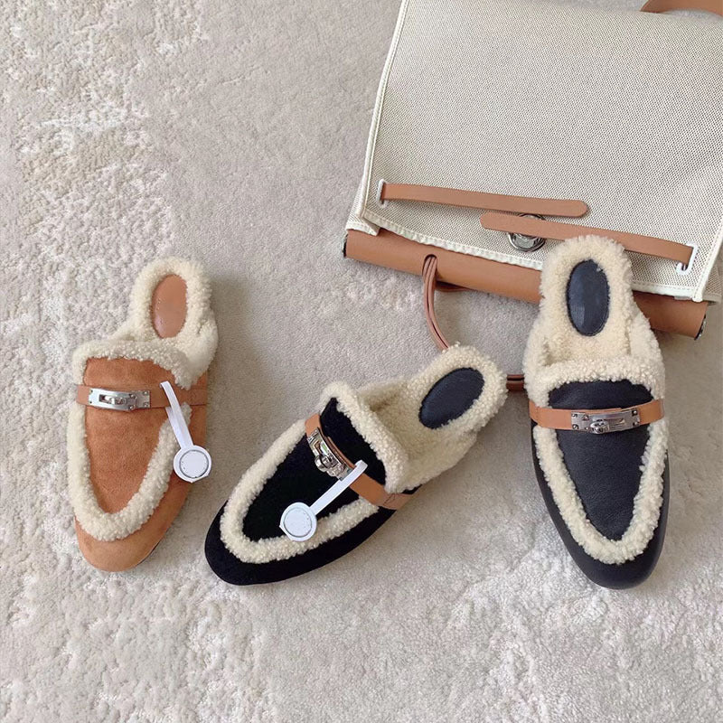 Baotou Mules femme à bout fermé, semelle plate et boucle