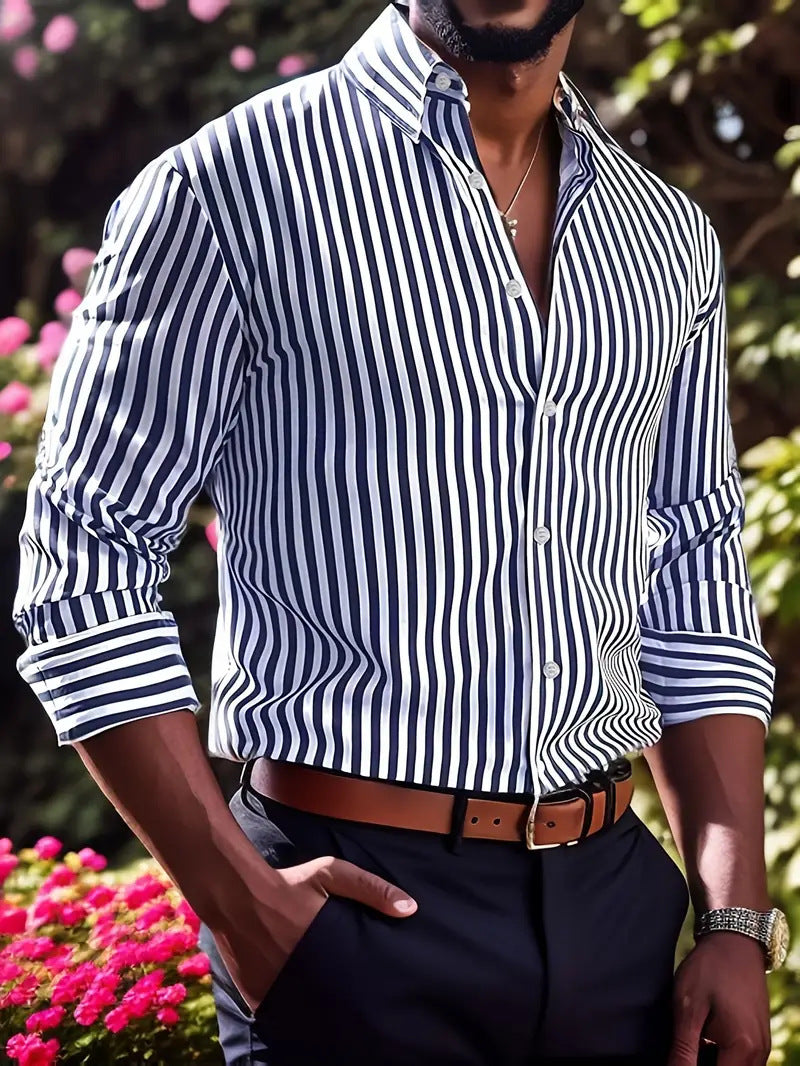 Camisa de manga larga estampada Ins para hombre, moda casual, con solapa y botones, prenda superior