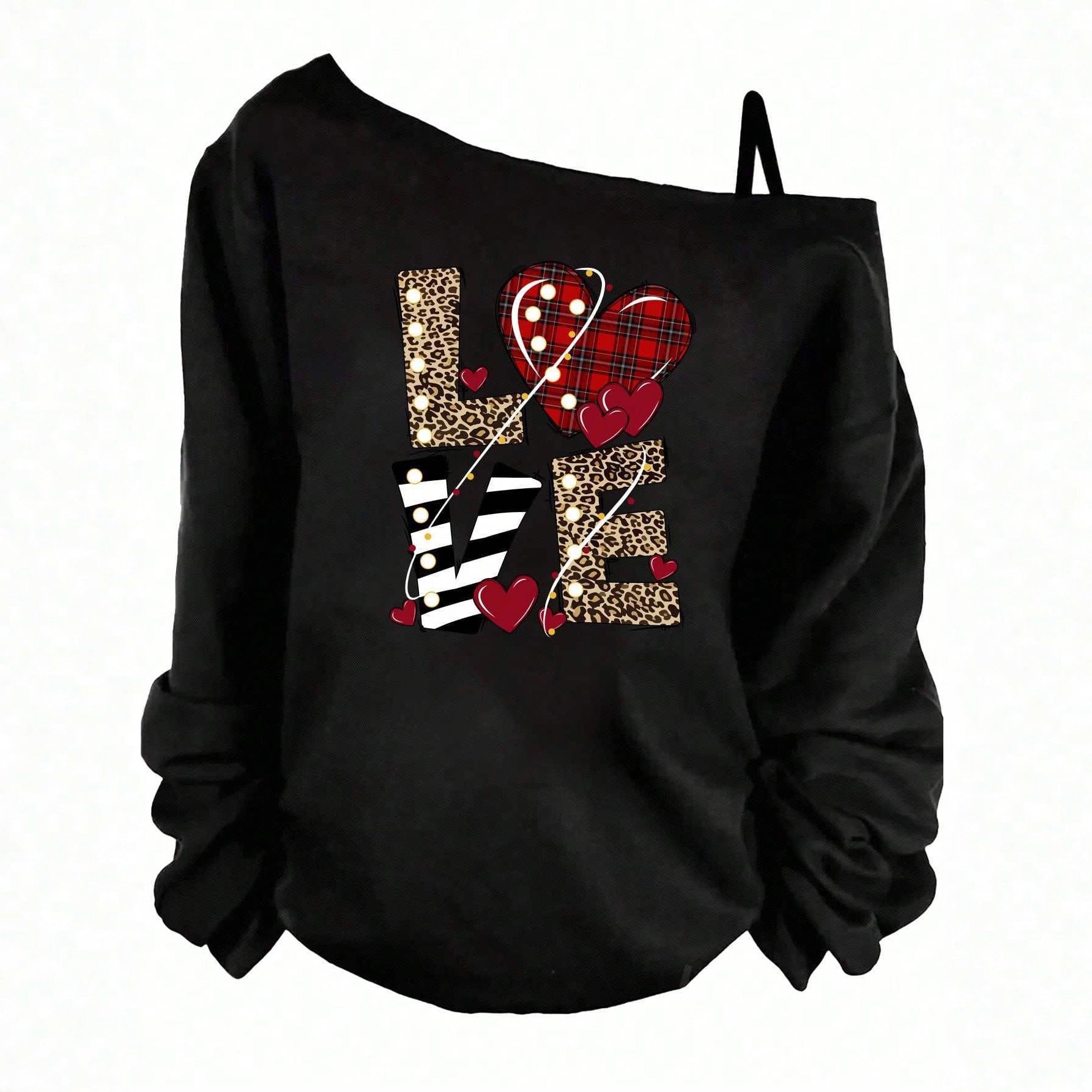 Letter Print Off-shoulder Asymmetric Loose Long Sleeve Top