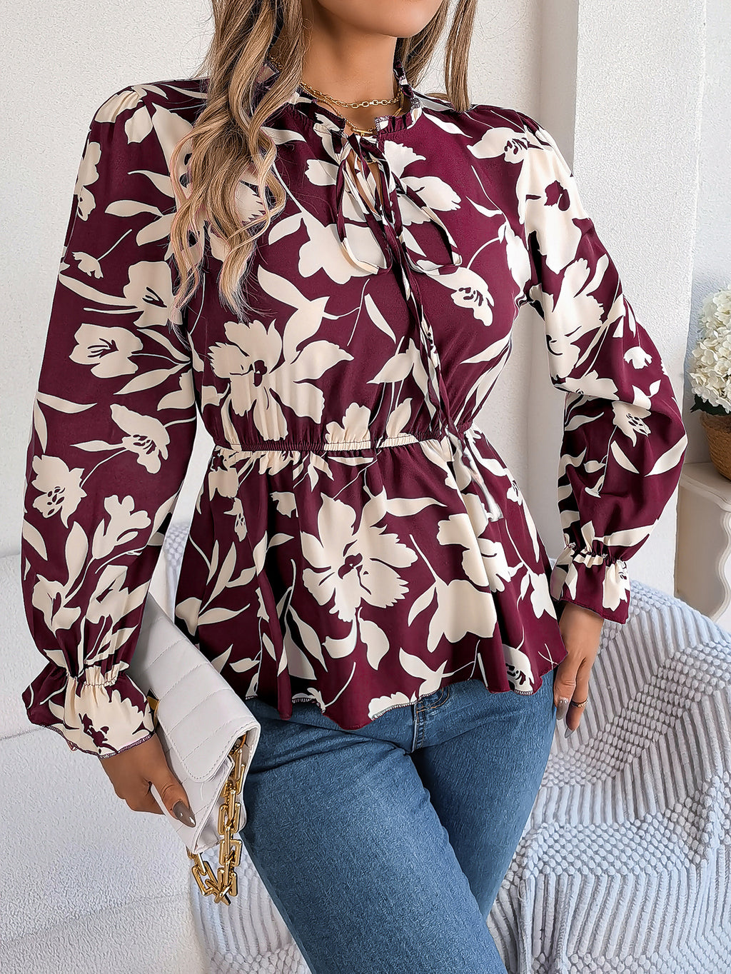 Top de gasa floral de manga larga con lazo en la cintura para mujer