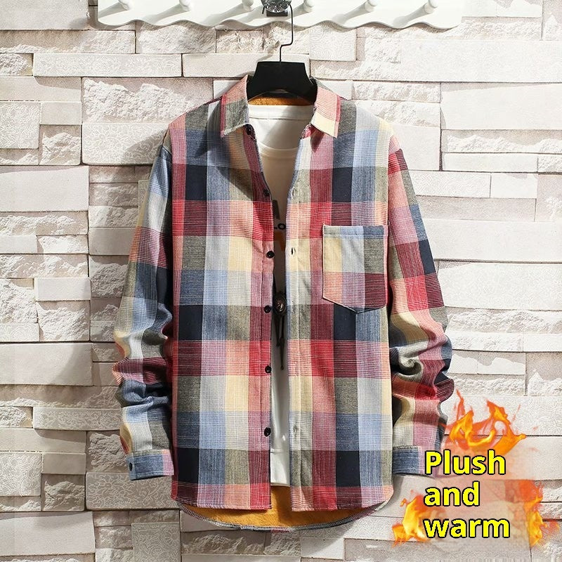 Camisa de manga larga para hombre de cuadros, engrosada y forrada de fleece para invierno